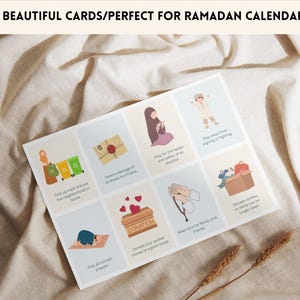 May include: A set of 30 illustrated cards with activities for Ramadan. The cards feature colorful illustrations of people performing good deeds, such as praying, donating, and helping others. The text on the cards includes phrases like "Pray all 5 daily prayers", "Donate clothes or items you no longer need", and "Make dua for family and friends".