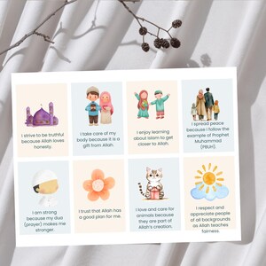 May include: A set of eight illustrated cards with Islamic themes. Each card features a different image and a short message about Islamic values. The cards are printed on white paper with a light blue background.