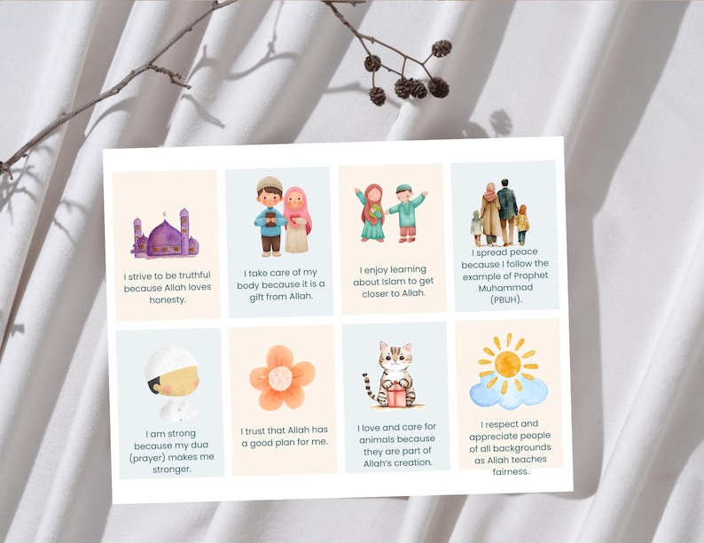 May include: A set of eight illustrated cards with Islamic themes. Each card features a different image and a short message about Islamic values. The cards are printed on white paper with a light blue background.