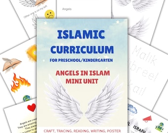 Può includere: Un curriculum islamico stampabile per bambini della scuola materna e dell'asilo. Il curriculum si concentra sugli angeli nell'Islam e include attività come il tracciamento, la lettura, la scrittura e l'artigianato. La copertina presenta un paio di ali d'angelo bianche su uno sfondo blu chiaro con stelle.