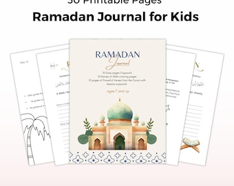 Può includere: Un diario di Ramadan stampabile per bambini, con un'illustrazione colorata di una moschea con una cupola blu. Il diario include 30 pagine di attività, tra cui du'a, nomi di Allah, versetti del Corano e pagine da colorare. Il diario è progettato per bambini dai 7 anni in su.