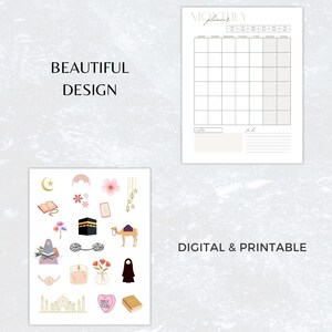 May include: A digital printable monthly planner with a simple design. The planner has a grid for each day of the month and a section for notes. The image also includes a set of digital stickers with Islamic themes, including a crescent moon, a mosque, a camel, and flowers.