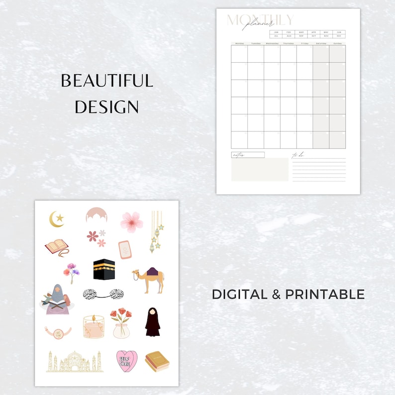 May include: A digital printable monthly planner with a simple design. The planner has a grid for each day of the month and a section for notes. The image also includes a set of digital stickers with Islamic themes, including a crescent moon, a mosque, a camel, and flowers.