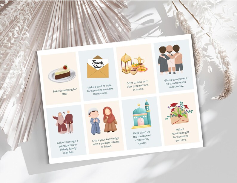 May include: A set of 9 colorful cards with illustrations and text. Each card suggests a kind act to do during Ramadan. The cards include suggestions like baking something for Iftar, making a card for someone, offering to help with Iftar preparations, giving a compliment, calling a grandparent, sharing knowledge with a younger sibling, helping clean up the mosque, and making a handmade gift.