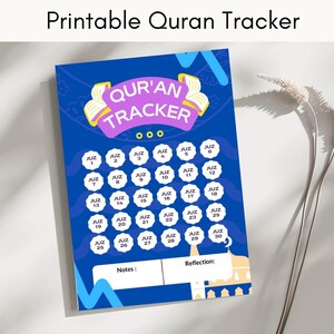 Op de afbeelding: Een printbare Koran-tracker met een blauwe achtergrond en kleurrijke cirkels. De cirkels zijn genummerd van 1 tot 30, die de 30 juz van de Koran voorstellen. De tracker bevat ook secties voor notities en reflectie.