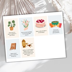 May include: A set of six illustrated cards with tips for observing Ramadan. The cards feature images of a plant, flowers, a cake, a bowl of food, a book, and a lantern.