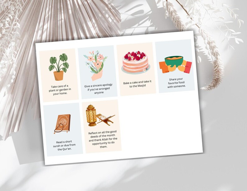May include: A set of six illustrated cards with tips for observing Ramadan. The cards feature images of a plant, flowers, a cake, a bowl of food, a book, and a lantern.