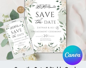 Può includere: Un biglietto di invito con un design floreale bianco e verde. Il biglietto presenta il testo "Save the Date" in lettere nere, insieme ai nomi "Zaynab & Ali" e la data "August 20, 2025".