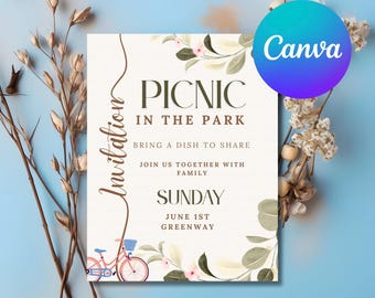 Picnic in the Park invitation, Invitation Template to edit in Canva, Picnic invitation, Party in the Park invitation, Picnic invitation card