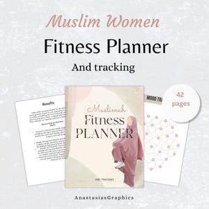 Puede incluir: Un planificador de fitness rosa y blanco con el título "Muslimah Fitness Planner and Tracking" y un gráfico de una mujer con hiyab. El planificador tiene 42 páginas.