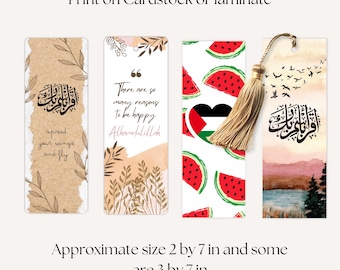 Può includere: Quattro diversi design di segnalibri. Il primo segnalibro è marrone con un design calligrafico e il testo "spread your wings and fly". Il secondo segnalibro è un design ad acquerello con una citazione che recita "There are so many reasons to be happy Alhamdulillah". Il terzo segnalibro è bianco con un motivo di angurie rosse e una bandiera palestinese. Il quarto segnalibro è un design ad acquerello con un design calligrafico e una scena di tramonto.