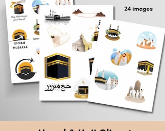 Può includere: Un set di 24 immagini clipart digitali che presentano illustrazioni relative al pellegrinaggio islamico dell'Hajj e dell'Umrah. Le immagini includono la Kaaba, la moschea, i pellegrini e altri simboli del pellegrinaggio.