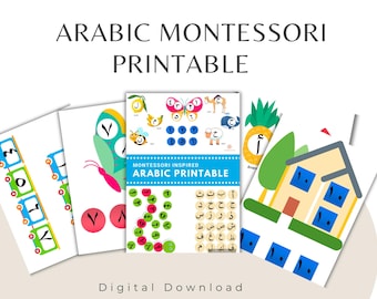 Può includere: Un set di schede di apprendimento dell'alfabeto arabo stampabili con illustrazioni colorate di un treno, una farfalla, un ananas e una casa. Le schede includono l'alfabeto arabo, l'equivalente in lettere inglesi e un'attività di abbinamento.