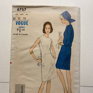 1960s A Line Dress w/ Belt Three Quarter or Sleeveless | Vogue 6757 Sewing Pattern | Bust 31"