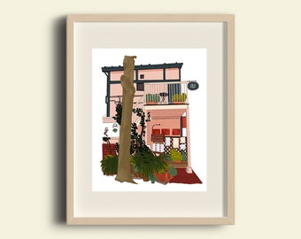 May include: A digital illustration of a pink building with a black roof and a balcony. The building has a sign that says "181". There are plants and a tree in front of the building.