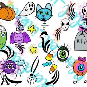 Puede incluir: Una ilustración digital colorida de personajes de Halloween, que incluyen un fantasma, una calabaza, una araña, un murciélago, una calavera, un maíz dulce, un ojo, un monstruo y una lápida con el texto "RIP".