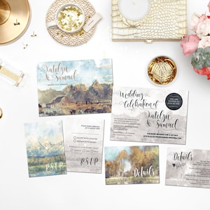Digitale afdrukbare bestanden Bestemming Bruiloft Berg Land Aquarel Jackson Hole WY Bruiloft Uitnodiging RSVP Card Set Briefpapier ID677