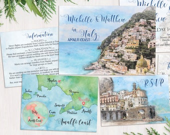 Digital Printable - Destination Wedding AMALFI COAST ITALY Watercolor Wedding Invitation Set Rsvp Custom Map Save the Date - ID906