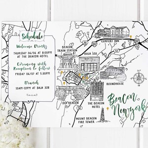Mapa de boda personalizado en acuarela con 6-7 ubicaciones, mapa personalizado de Nueva York dibujado a mano para bolsa de bienvenida, reserva de fecha e itinerario.