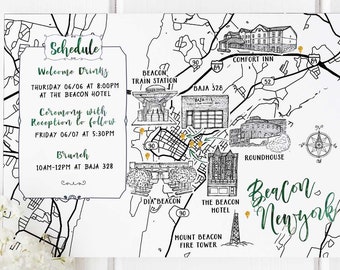 Custom Watercolor Wedding Map, Personalized Hand Drawn Wedding Map for Welcome Bag, Save the Date, Itinerary