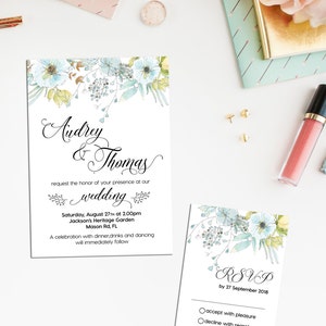 Digital druckbare Dateien - Bunte Aquarell Botanische Blumen Blau Boho Boho Hochzeitseinladung RSVP Hochzeit Briefpapier Set ID696