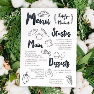 Cyfrowe drukowane menu weselne akwarela rysunek jedzenia menu baru weselnego tablica menu karty menu menu drinków podpis czarno-biały ślub IDM9