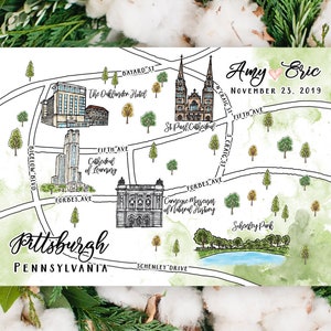 4-5 locaties aangepaste aquarel bruiloft kaart, gepersonaliseerde handgetekende Pittsburgh kaart voor welkomsttasje, bewaar deze datum, reisplan