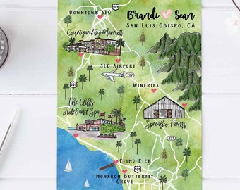 Custom Watercolor Wedding Map: California, 4-5 Locations (Digital Download)