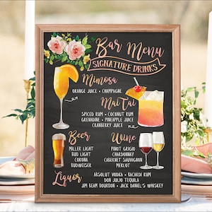 Signo de menú de bar de bodas imprimible digital, carteles de cócteles de bebidas exclusivas, pizarra de año nuevo de Navidad de boda botánica de acuarela IDM11