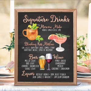Panneau de boissons de signature de mariage imprimable numérique, panneau de menu de bar, panneau de mariage aquarelle, cocktails de mariage, tableau noir du nouvel an de Noël IDM5