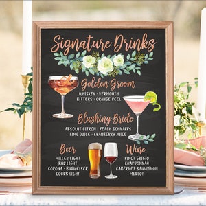 Signo de menú de bar de bodas imprimible digital, carteles de cócteles de bebidas exclusivas, pizarra de boda botánica de acuarela Navidad Año Nuevo IDM9