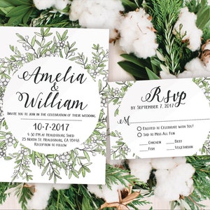 Digitale druckbare Dateien - Botanische Blätter Blätter Grün Winter Boho HochzeitSeinladung RSVP Danke Einladung Set - ID913