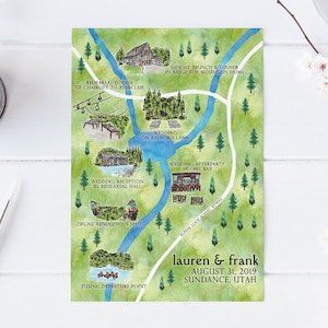 Mapa de boda personalizado en acuarela con 6-7 ubicaciones, mapa de Sundance, Utah, dibujado a mano para bolsa de bienvenida, reserva de fecha e itinerario.