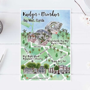 4-5 locaties aangepaste aquarel bruiloft kaart, gepersonaliseerde handgetekende kaart van Key West Florida voor welkomsttasje, bewaar deze datum, reisplan