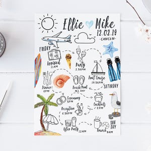 May include: A hand-drawn itinerary for a wedding weekend in Cancun, Mexico. The itinerary includes activities like arriving, dinner, a party, a boat cruise, beach and pool time, a ceremony, a reception, an after party, cocktails, and brunch. The itinerary is decorated with drawings of a suitcase, a plane, a seashell, flip-flops, a palm tree, a cocktail glass, a boat, scuba gear, a seagull, and a sun.