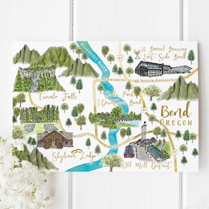 6-7 Locations Custom Watercolor Wedding Map, Personalized Hand Drawn Bend Oregon Map for Welcome Bag, Save the Date, Itinerary