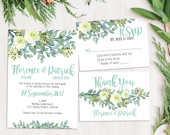 Digital Printable Files - Flowers Eucalyptus Mint Green Watercolor Wedding Invitation RSVP Thank You Modern Wedding Stationery ID908