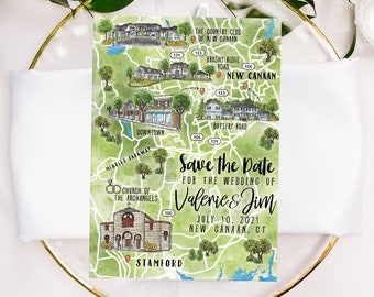 Mapa de boda personalizado en acuarela: New Canaan, CT, 4-5 ubicaciones (descarga digital)