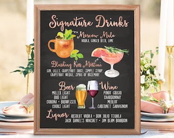 Digital Printable Wedding Signature Drinks Sign, Bar Menu Sign, Watercolor Wedding Sign Wedding Cocktails Christmas New Year Chalkboard IDM5