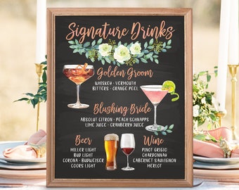 Digital Printable Wedding Bar Menu Sign, Signature Drinks Cocktails Signs, Watercolor Botanical Wedding Chalkboard Christmas New Year IDM9