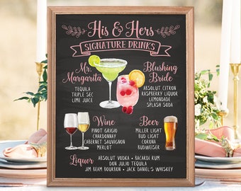 Digital Printable Wedding Bar Menu Sign, Signature Drinks Cocktails Signs, Watercolor His and Hers Christmas New Year Chalkboard Board IDM12