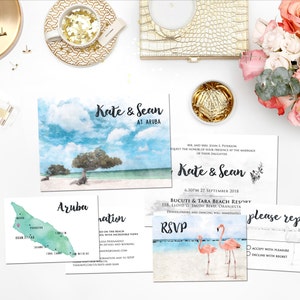 Digital Printable Invitations Destination Mariage ARUBA CARIBBEAN Plage Aquarelle Mariage Invitation Set Enregistrer la Date Carte Carte ID756