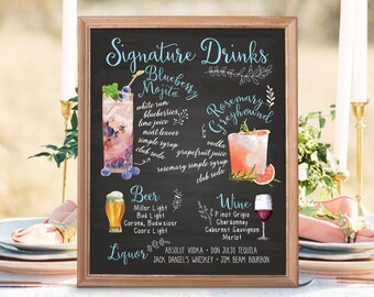 Digital Printable Wedding Menu Sign, Watercolor Wedding Bar Menu, Wedding Cocktails Christmas New Year, Signature Drinks Chalkboard - IDM6