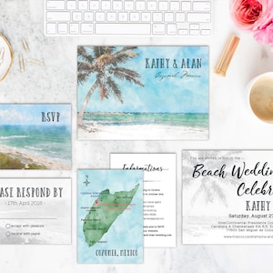 Digital Printable Invitations Fichiers Destination Mariage Cozumel Mexique Aquarelle Peinture Plage Mariage Personnalisé RSVP Carte Set Mariage ID791