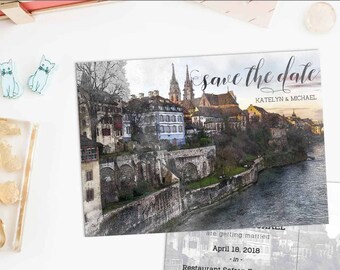 Postal "Reserva la fecha" de Basilea, Suiza: Invitación de boda en acuarela (impresión digital)