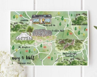 Custom Watercolor Wedding Map, Personalized Hand Drawn Wedding Map for Welcome Bag, Save the Date, Itinerary