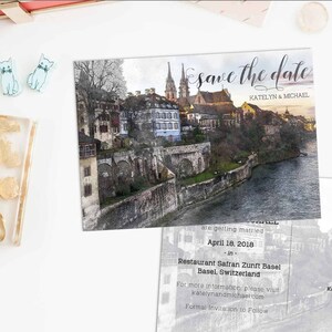Ensemble imprimable numérique Enregistrer la date Carte postale Destination Mariage Bâle Suisse Europe Aquarelle Mariage Invitation Carte ID849