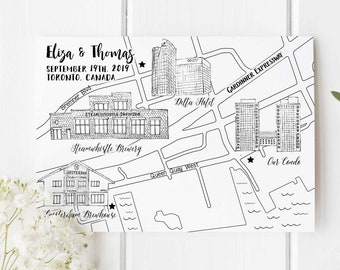 Custom Watercolor Wedding Map, Toronto Canada Map, Personalized Hand Drawn Wedding Map for Welcome Bag, Save the Date, Itinerary