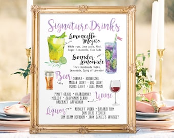 Watercolor Wedding Bar Menu Sign: Signature Drinks (Digital Printable)