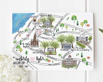 Mapa de boda personalizado en acuarela: Natchez, 8-9 localidades (descarga digital)